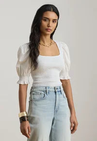 Lauren Ralph Lauren SMOCKED COTTON JERSEY PUFF-SLEEVE TOP
