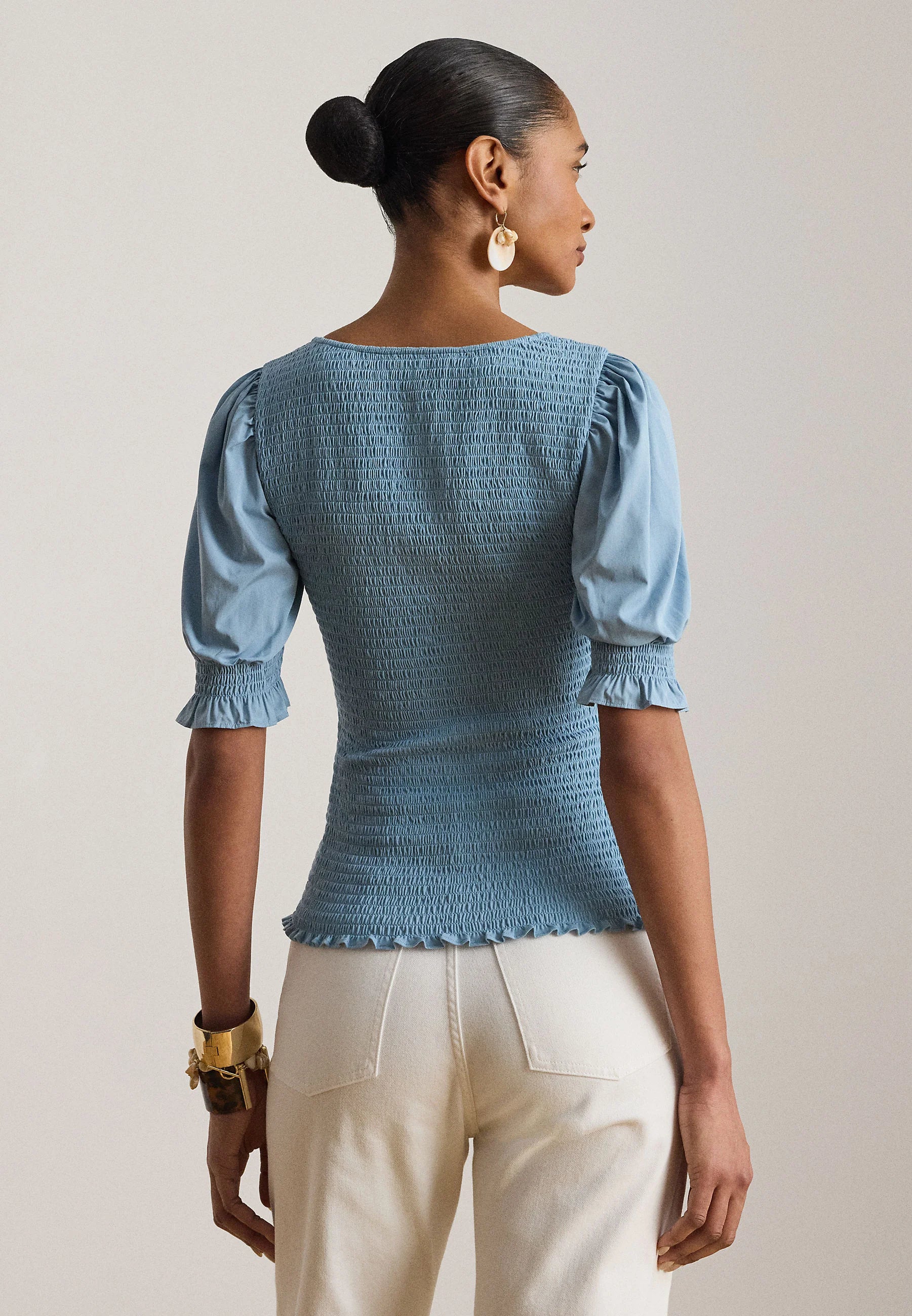 Lauren Ralph Lauren SMOCKED COTTON JERSEY PUFF-SLEEVE TOP