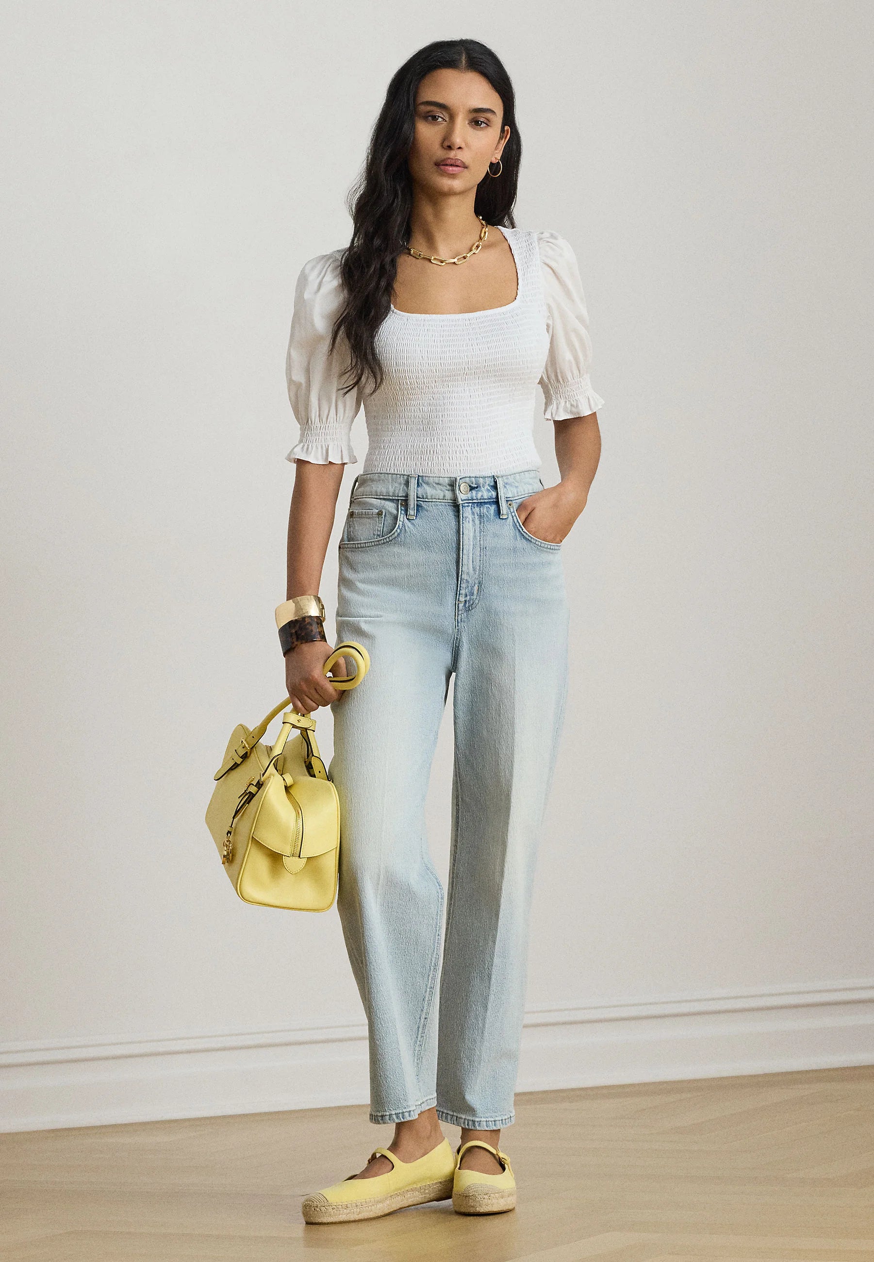 Lauren Ralph Lauren SMOCKED COTTON JERSEY PUFF-SLEEVE TOP