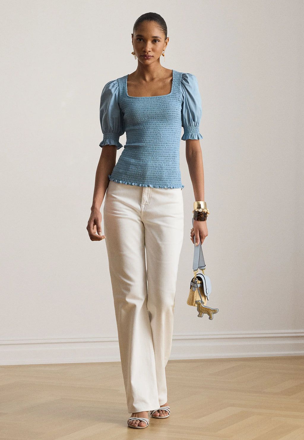 Lauren Ralph Lauren SMOCKED COTTON JERSEY PUFF-SLEEVE TOP